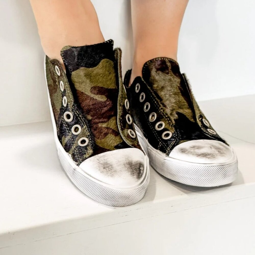 naughty monkey Camouflage Pony Hair Slip-On Sneakers in Green, Brown, Black
